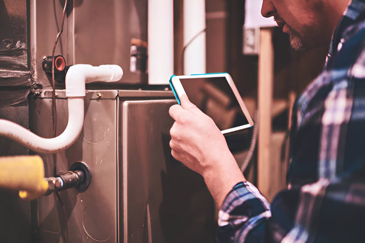 An HVAC technician checking a furnace with a tablet in his hand