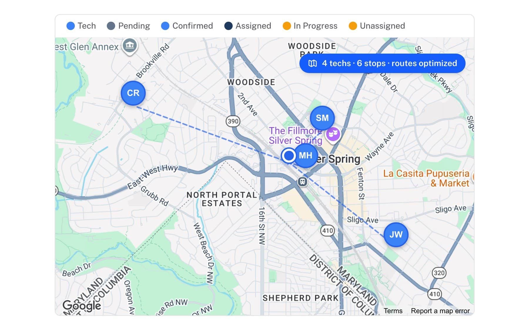 The dispatch map: four technicians plotted around Silver Spring, with the optimized route between their stops