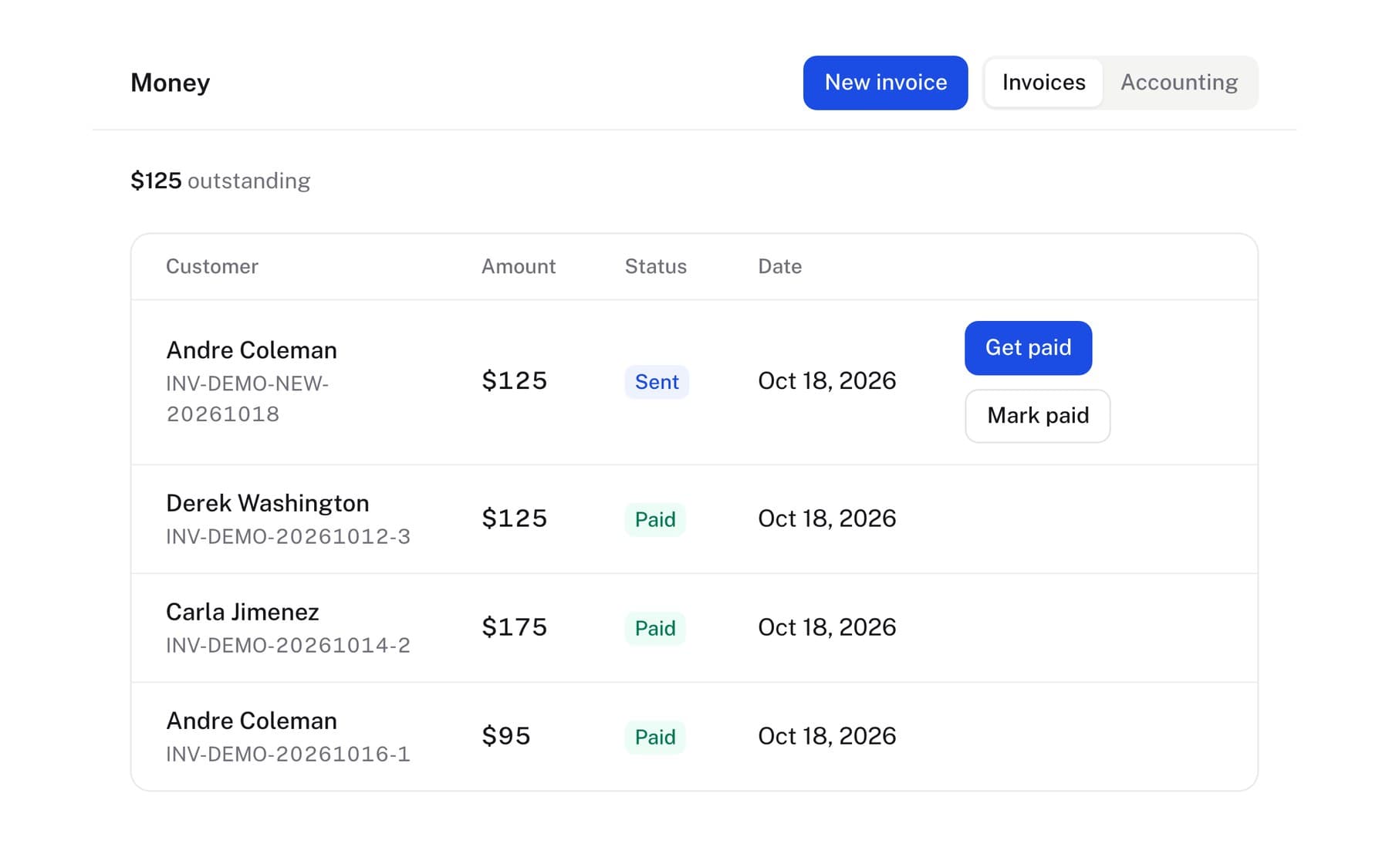 The invoices screen: the amount outstanding, one invoice sent and waiting to be paid, and three already paid