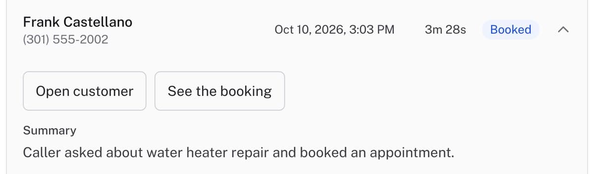 A call record on the calls screen: Frank Castellano, a 3 minute 28 second call marked Booked, with the summary: caller asked about water heater repair and booked an appointment.