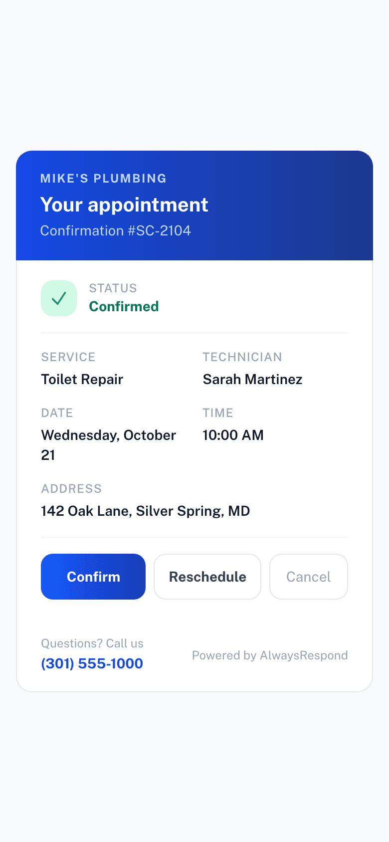 Mike's Plumbing appointment page: status confirmed, Toilet Repair with technician Sarah Martinez, Wednesday, October 21 at 10:00 AM, 142 Oak Lane, Silver Spring, with buttons to confirm, reschedule or cancel, and a number to call with questions