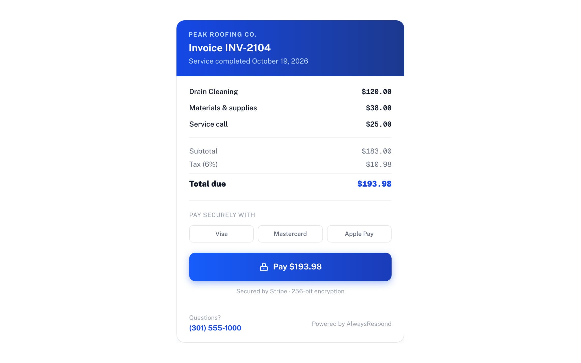 The page an invoice link opens: the business name, the invoice number, three itemized lines, tax, the total due and a Pay button, secured by Stripe, with Visa, Mastercard and Apple Pay.