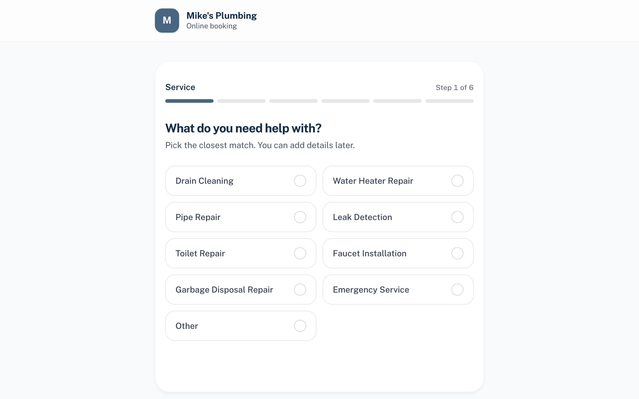 Mike's Plumbing's online booking page, step 1 of 6: what do you need help with, with a choice of nine services.
