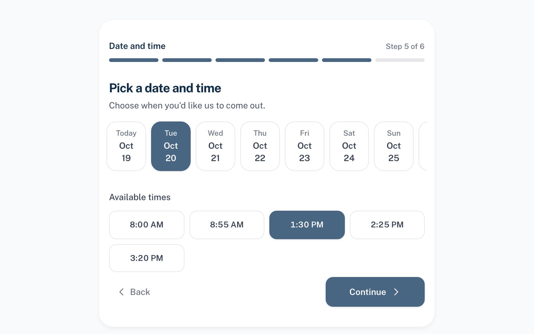The booking page's date and time step: a row of dates with Tuesday October 20 chosen, and five open times with 1:30 PM chosen.